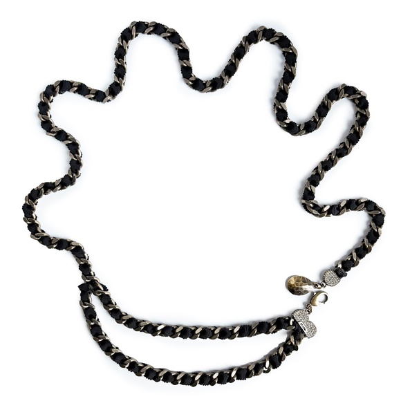 St John Chain Belt Black Ribbon and Bronze Metal Chain Rhinestones OSFM Vintage main image 4
